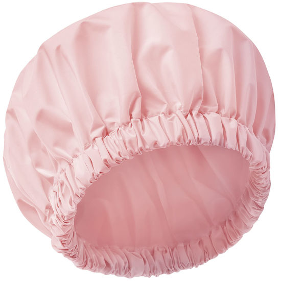 Picture of Reusable Shower Cap for Women, Large Waterproof Shower Bonnet Washable Elastic Band Bath Hair Hat for Long Hair, Braids(Pink)