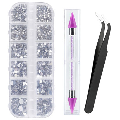 Picture of Canvalite 1500PCS Rhinestones Flat Back Gems, Nail Rhinestones Nail Art Gems with Pick Up Tweezers and Rhinestone Picker Dotting Pen, Nail Art Tools for Nails, Clothes, Face, Craft