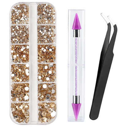 Picture of Canvalite 1500PCS Champagne Rhinestones Flat Back Gems, Nail Rhinestones Nail Art Gems with Pick Up Tweezers and Rhinestone Picker Dotting Pen, Nail Art Tools for Nails, Clothes, Face, Craft