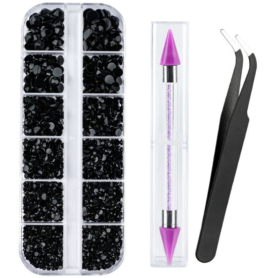 Picture of Canvalite 1500PCS Black Rhinestones Flat Back Gems, Nail Rhinestones Nail Art Gems with Pick Up Tweezers and Rhinestone Picker Dotting Pen, Nail Art Tools for Nails, Clothes, Face, Craft