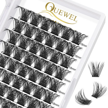 Picture of QUEWEL Cluster Lashes 72 Pcs Wide Stem Individual Lashes C/D Curl 8-18mm Length DIY Eyelash Extension False Eyelashes Natural&Mega Styles Soft for Personal Makeup Use at Home (Mega-C-18)