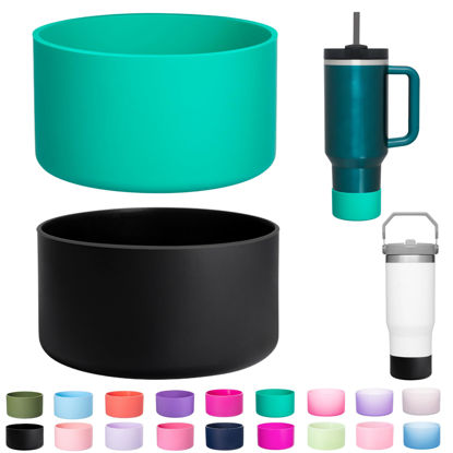 Picture of LONPARRY 2-Pack Silicone Boot for Stanley Cup Quencher IceFlow Rubber Bottom Sleeve Protector for Stanley Tumbler HydroFlask Car Travel Cup Bottle Bottom (Malachite Green+Black)