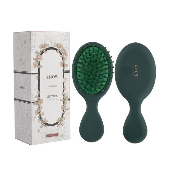 Picture of RHOS Mini Hair Brush for Women,Men and Kids-Travel Size Hair Brush for Purse,Pocket,backpack-Small Cushion Paddle Brush with Soft Bristles-Mini Detangler Brush for All Hair Types(1 Pack-Green)