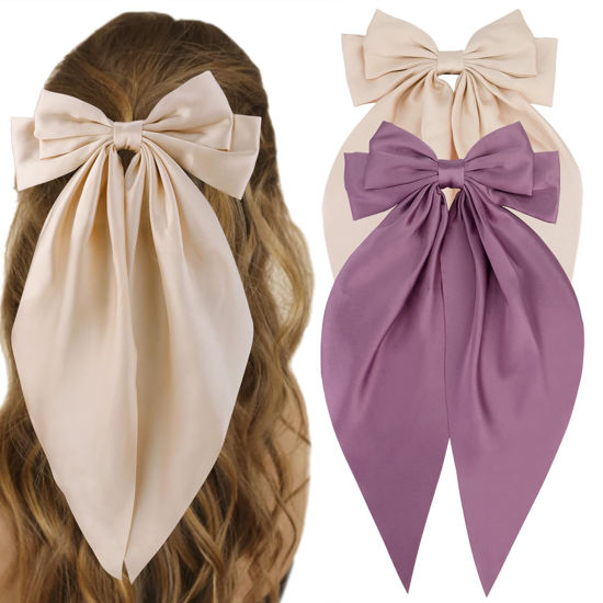 Picture of ATODEN Silky Satin Hair Bows 2Pcs Big Hair Bows for Women Hair Ribbons Oversized Long Tail Bow Hair Clips Large Hair Ribbon Barrettes Metal Clips Bowknot Aesthetic Girls Hair Accessories