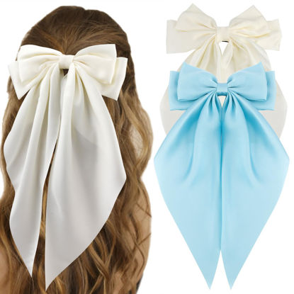 Picture of ATODEN Silky Satin Oversized Long Tail Hair Accessories - 2Pcs Beige Blue Big Bowknot Barrettes with Metal Clips for Women Girls