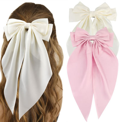 Picture of ATODEN Silky Satin Hair Bows Pink Beige 2Pcs Big Hair Bows Hair Ribbons Oversized Long Tail Bow Hair Clips Large Hair Ribbon Barrettes Metal Clips Bowknot Aesthetic Hair Accessories for Women Girls