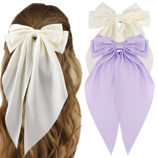 Picture of ATODEN Silky Satin Oversized Long Tail Hair Accessories - 2Pcs Beige Purple Big Bowknot Barrettes With Metal Clips for Women