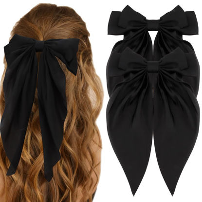 Picture of ATODEN Black Hair Bow Silky Satin Large Hair Bows 2Pcs Big Hair Bows Hair Ribbons Oversized Long Tail Bows Hair Barrettes Ribbon Metal Clips Bowknot Aesthetic Hair Accessories for Women Girls