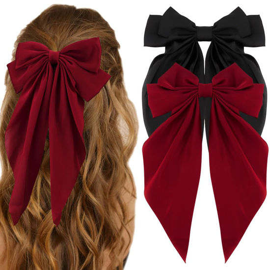 Picture of Atoden Hair Bow Clip, 2 Pcs Silky Satin Hair Bows for Women Hair Ribbons Oversized Long Tail Black Hair Bow and Red Hair Bow Hair Barrettes, Metal Clips Bowknot Hair Accessories, Christmas Gifts