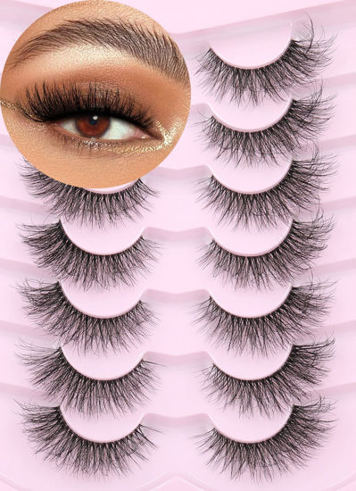 Picture of False Eyelashes Clear Band Faux Mink Lashes Fluffy 16mm Cat Eye Transparent Band Wispy Eyelashes Invisible Strip Lashes Pack