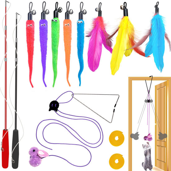 Picture of Cat Toys Interactive for Indoor Cats,2PCS Retractable Cat Wand Toys,9PCS Teaser Toys&1PCS Hanging Door Lure Cat Toy,Interactive Feather Toy for Teaser Play and Chase Exercise with Kitten