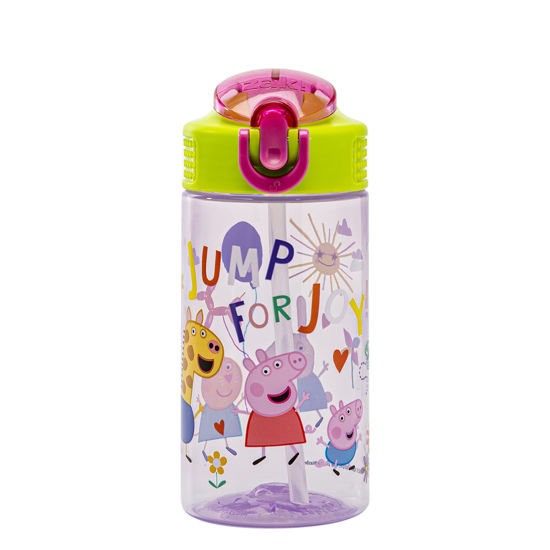 Picture of Zak Designs Peppa Pig Kids Water Bottle For School or Travel, 16oz Durable Plastic Water Bottle With Straw, Handle, and Leak-Proof, Pop-Up Spout Cover (Peppa & Friends)