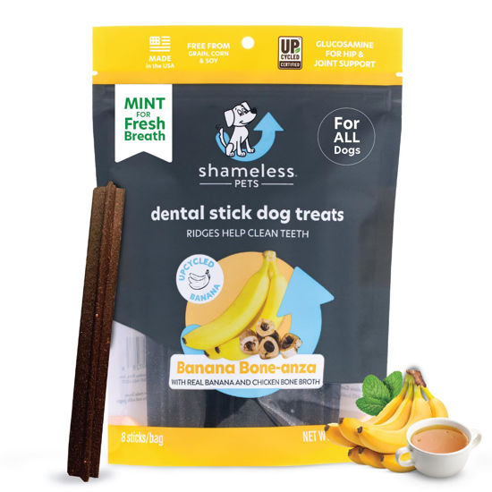 Picture of Shameless Pets Dental Treats for Dogs, Banana Bone-Anza - Healthy Dental Sticks with Hip & Joint Support for Teeth Cleaning & Fresh Breath - Dog Bones Dental Chews Free from Grain, Corn & Soy