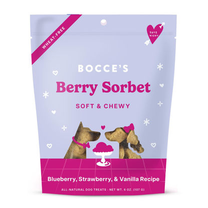 Picture of Bocce's Bakery Berry Sorbet Treats for Dogs, Wheat-Free Everyday Dog Treats, Made with Real Ingredients, Baked in The USA, All-Natural Soft & Chewy Cookies, Strawberry, Blueberry & Vanilla, 6 oz