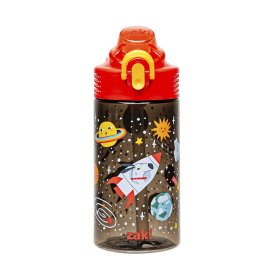 Picture of Zak Designs Sage Water Bottle For School or Travel, 16oz Durable Plastic Water Bottle With Straw, Handle, and Leak-Proof, Pop-Up Spout Cover (Spaceships)