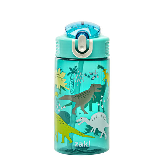 Picture of Zak Designs Kids Water Bottle For School or Travel, 16oz Durable Plastic Water Bottle With Straw, Handle, and Leak-Proof, Pop-Up Spout Cover (Dinosaur)