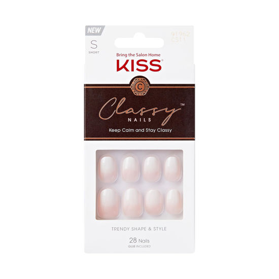 Picture of KISS Classy, Press-On Nails, Nail glue included, 'Players', White, Short Size, Oval Shape, Includes 28 Nails, 2g Glue, 1 Manicure Stick, 1 Mini file