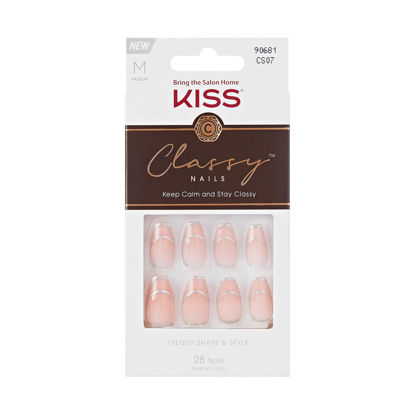 Picture of KISS Classy Nails, Press-On Nails, Nail glue included, 'New Nail, New Me', Pink, Medium Size, Coffin Shape, Includes 28 Nails, 2g Glue, 1 Manicure Stick, 1 Mini file