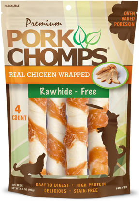 Picture of Pork Chomps Baked Pork Skin Dog Chews, 6-inch Twists, Real Chicken Wrap, 4 Count