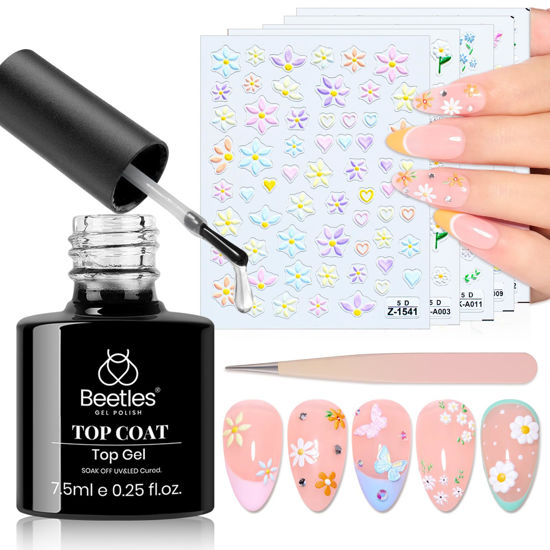 Picture of beetles Gel Polish Gel Top Coat with 5 Sheets Nail Stickers, No Wipe Top Coat UV LED Needed & 5D Embossed Flower Nail Art Stickers Self-Adhesive with Nail Tweezer Pegatinas Uñas for Girls Women