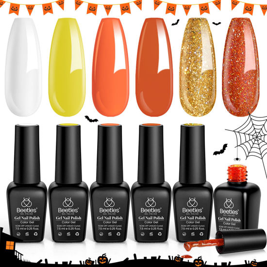 Picture of Beetles Orange Halloween Gel Nail Polish Set, 6 Colors Halloween Nail Charms Yellow White Glitter Gel Nail Polish Set Fall Nail Gel Polish Soak Off Uv LED Lamp Nail Art Design Manicure Gift for Women