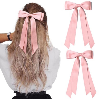 Picture of 2PCS Silky Satin Hair Bows Hair Clip Pink Hair Ribbon Ponytail Holder Accessories Slides Metal Clips Hair Bow for Women Girls Toddlers Teens Kids