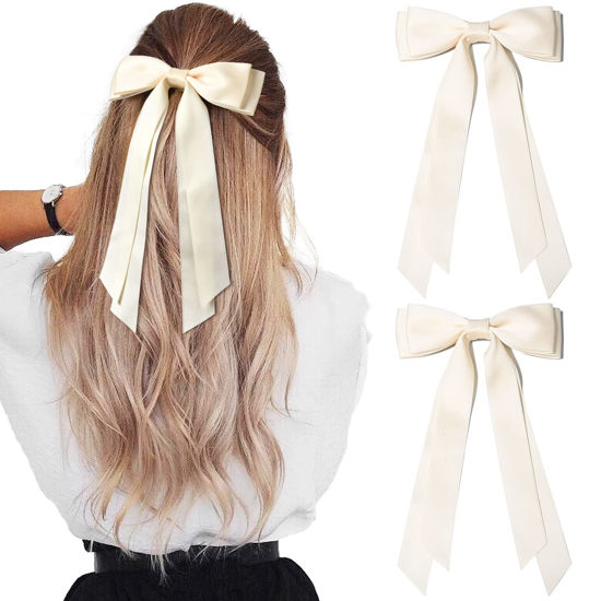 Picture of 2PCS Silky Satin Hair Bows Hair Clip Beige Hair Ribbon Ponytail Holder Accessories Slides Metal Clips Hair Bow for Women Girls Toddlers Teens Kids