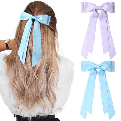 Picture of 2PCS Silky Satin Hair Bows Hair Clip Blue Purple Hair Ribbon Ponytail Holder Accessories Slides Metal Clips Hair Bow for Women Girls Toddlers Teens Kids