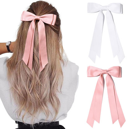 Picture of 2PCS Silky Satin Hair Bows Hair Clip Pink White Hair Ribbon Ponytail Holder Accessories Slides Metal Clips Hair Bow for Women Girls Toddlers Teens Kids