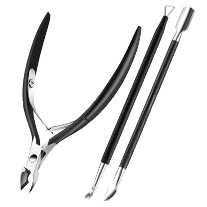 Picture of Cuticle Trimmer Cuticle Remover with Cuticle Pusher, XUNXMAS Professional Stainless Steel Durable Pedicure Manicure Tools Cutter Nipper Scissor Clipper for Fingernails and Toenails Dead Skin Black