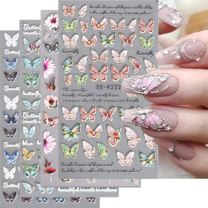 Picture of SpexArt Flower Nail Art Stickers 5D Embossed Nail Decals Blue Pink Butterfly Nail Accessories Supplies 3D Self-Adhesive Nail Decoration for Women Nail Design（4 Sheets）