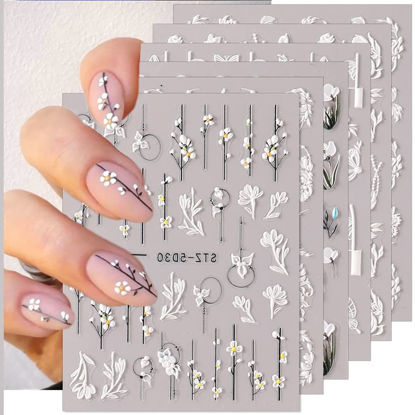 Picture of SpexArt 5D Flower Nail Art Stickers Embossed Floral Nail Decals 6 Sheets Self-Adhesive Hollow Lace Nail Art Supplies Accessories Spring Summer 3D Engraved Flower for Acrylic Nail Design Decoration