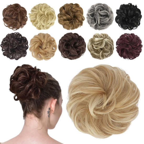 Picture of FESHFEN Messy Wavy Curly Synthetic Hair Chignon Hairpieces - Elastic Scrunchies Extensions for Women Girls, Dark Golden Mix Beige Blonde 1 PCS