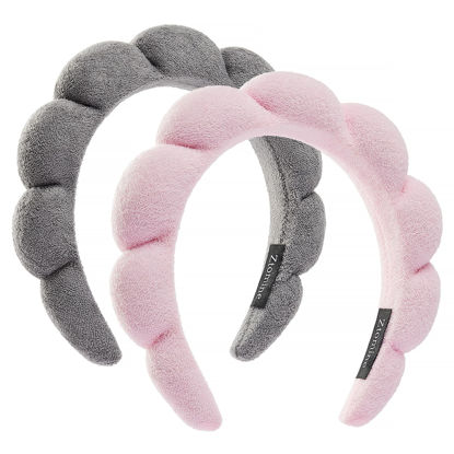 Picture of Ztomine Spa Terry Cloth Headband Combo Pack - 2 Puffy Makeup Headbands for Facial Care, Face Washing, and Mask Application (Pink + Grey)