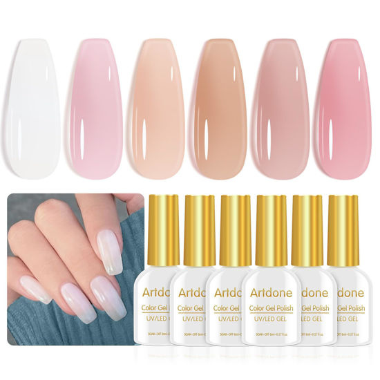 Picture of Artdone Sheer Gel Nail Polish Set Jelly UV Gel 6 Colors Translucent Milky White Pink Nude Brown Colors Nail Polish For All Seasons Neutral Soak off LED Lamp Gel Manicure Kit For Nail Art