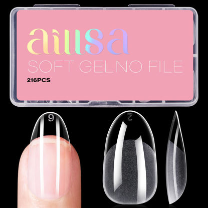 Picture of AILLSA Short Oval Nail Tips Soft Gel Full Cover Clear Gelly Nail Tips Half Matte Acrylic Nail Tips Pre-Filed Fake Press on Nail Tips for Extension Home DIY Salon Manicure 216PCS 12 Sizes