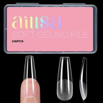 Picture of AILLSA Long Coffin Nail Tips Soft Gel Half Matte Full Cover Nail Tips Clear Acrylic Pre-Shaped Nail Tips Flase Press on Nail Tips for Extentions Nails Manicure Salon DIY 216PCS 12 Sizes