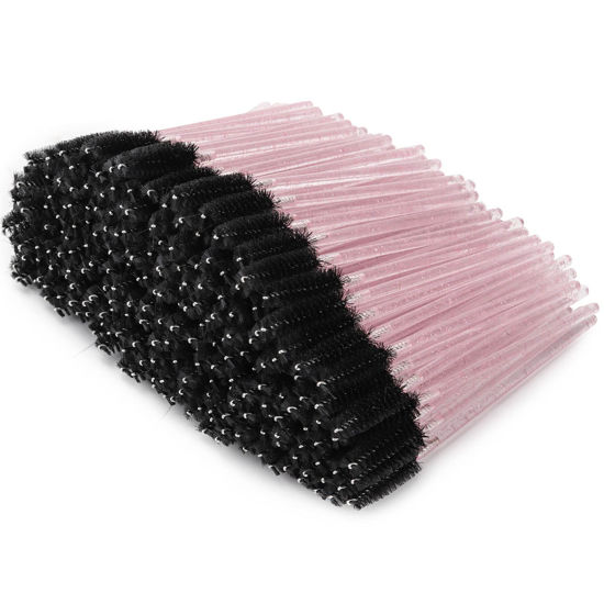 Picture of Tbestmax 300 Pcs Disposable Spoolies, Mascara Wand Eyelashes Brushes Applicator for Eyebrow Eye Lash Extension Pink Stick Black Head