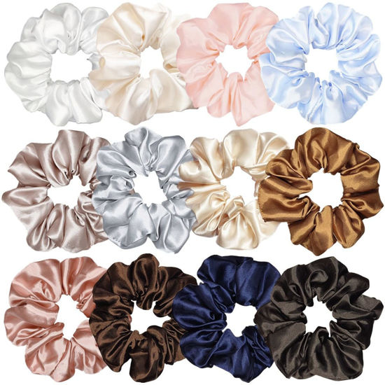 Picture of Sufermoe 12 Pcs Satin Silk Hair Scrunchies, Assorted Classic Color, 4.5 Inch Hair Ties for Women Girls, Hair Accessories