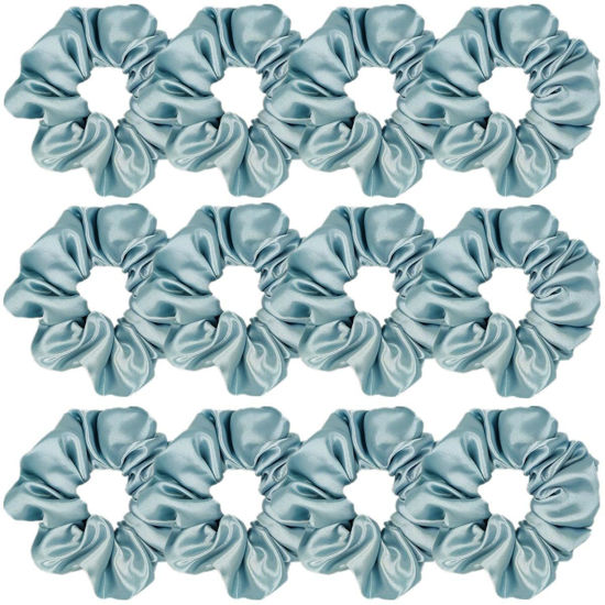 Picture of 12 Pcs Satin Silk Scrunchies, Soft Hair Ties, Fashion Hair Bands, Bows, Ropes, Elastic Bracelets & Ponytail Holders for Women and Girls (4.5 Inch, Blue Gray)