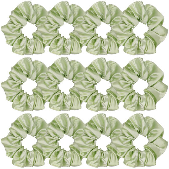 Picture of 12 Pcs Satin Silk Scrunchies, Soft Hair Ties, Fashion Bands, Bows, Ropes, Elastic Bracelets, Ponytail Holders for Women and Girls (4.5 Inch, Tender Green)