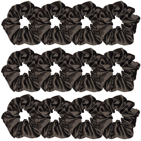 Picture of 12 Pcs Satin Silk Scrunchies - Soft Hair Ties, Fashion Bands, Bows, Ropes, Elastic Bracelets, Ponytail Holders Hair Accessories for Women and Girls (4.5 Inch, Black)