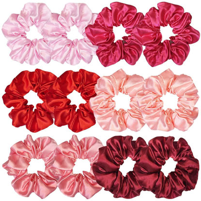 Picture of 12 Pcs Satin Silk Scrunchies Soft Hair Ties Fashion Bands Hair Bows Elastic Bracelets Ponytail Holders Accessories for Women and Girls (4.5 Inch, Assorted Red)