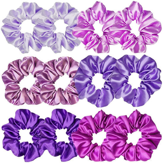 Picture of 12 Pcs Satin Silk Scrunchies Soft Hair Ties Fashion Bands Bows Hair Ropes Elastic Bracelet Ponytail Holders Hair Accessories for Women and Girls (4.5 Inch, Assorted Purple)