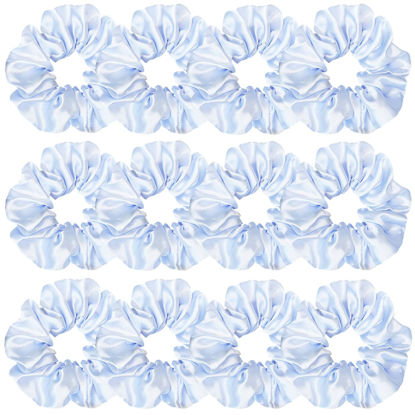 Picture of 12 Pcs Satin Silk Scrunchies, Soft Hair Ties, Fashion Hair Accessories Bows, Ropes, Elastic Bracelets, Ponytail Holders for Women and Girls (4.5 Inch, Light Blue)