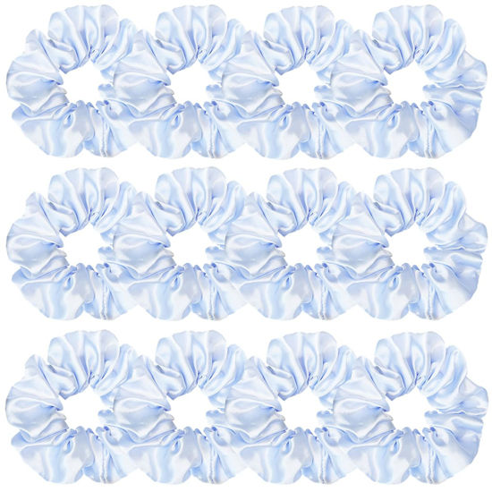 Picture of 12 Pcs Satin Silk Scrunchies, Soft Hair Ties, Fashion Hair Accessories Bows, Ropes, Elastic Bracelets, Ponytail Holders for Women and Girls (4.5 Inch, Light Blue)