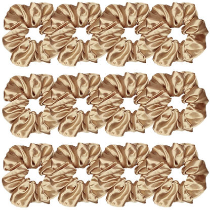 Picture of 12 Pcs Satin Silk Scrunchies Hair Ties Fashion Hair Bands Hair Bows Elastic Bracelets Ponytail Holders Accessories for Women and Girls (4.5 Inch, Light Brown)