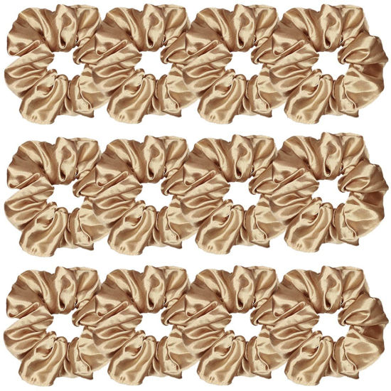 Picture of 12 Pcs Satin Silk Scrunchies Hair Ties Fashion Hair Bands Hair Bows Elastic Bracelets Ponytail Holders Accessories for Women and Girls (4.5 Inch, Light Brown)