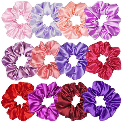 Picture of Sufermoe 12 Pcs Satin Silk Hair Scrunchies, 12 Assorted Red and Purple, 4.5 Inch Hair Ties for Women and Girls, Hair Accessories for Various Hairstyles