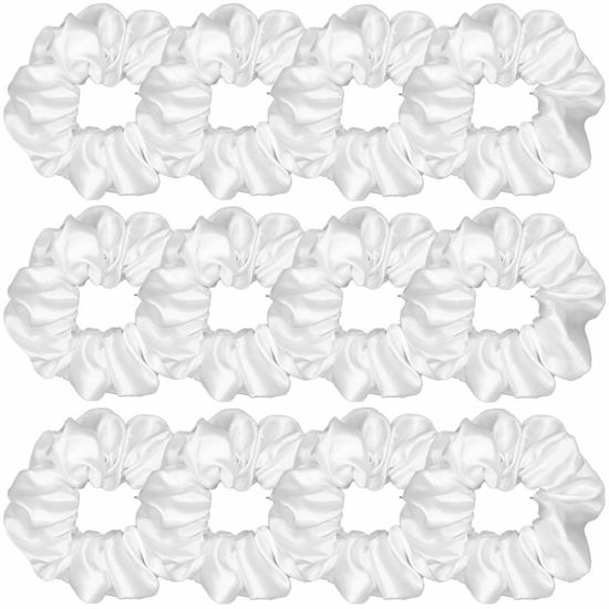 Picture of 12 Pcs Satin Silk Scrunchies Soft Ties Fashion Bands Hair Bow Ropes Elastic Bracelet Ponytail Holders Accessories for Women and Girls (4.5 Inch, Pure White)